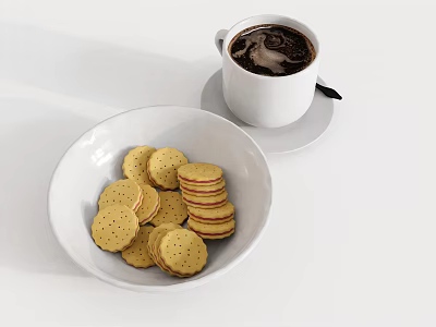 Delicious Fresh Cookies in White Bowl with Creamy Coffee Cup on Table 3d model