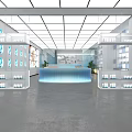 Curved Blue Illuminated Reception Desk In Modern Interior With White And Blue Shelves Green Plants