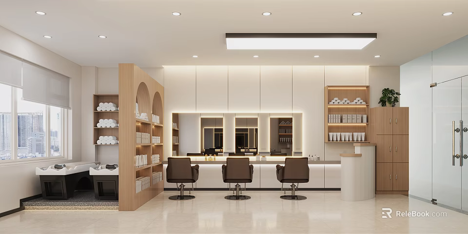 Modern Minimalist Beauty Hair Salon Interior Design With Comfortable Styling Chairs And Wooden Display Shelves 3d model 