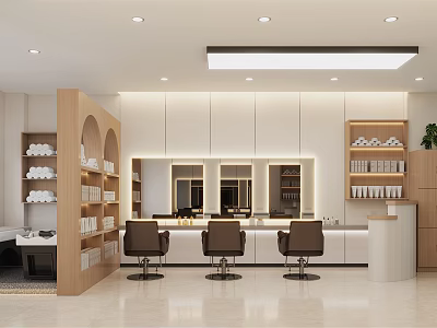 Modern Minimalist Beauty Hair Salon Interior Design With Comfortable Styling Chairs And Wooden Display Shelves 3d model