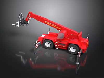 Red Utility Vehicle Featuring Telescopic Crane Arm Forklift Attachment And Safety Ladders 3d model