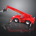 Red Utility Vehicle Featuring Telescopic Crane Arm Forklift Attachment And Safety Ladders