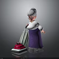 Elderly Woman With Gray Hair Wearing Glasses Using Red Vacuum Cleaner In Purple Skirt