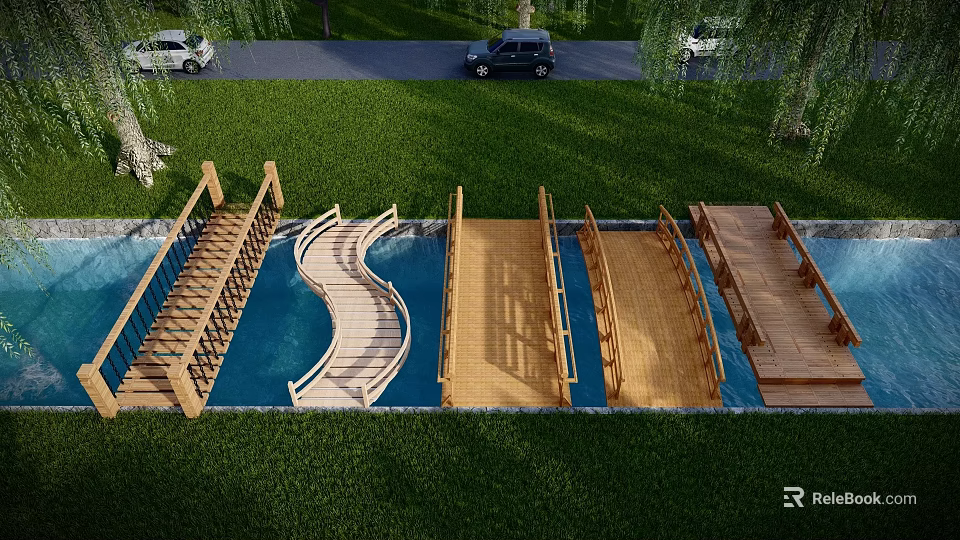 Wooden Landscape Bridges With Curved And Straight Designs Over Blue Water In Green Grass Park 3d model 