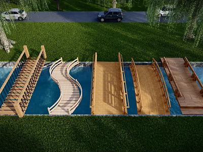 Wooden Landscape Bridges With Curved And Straight Designs Over Blue Water In Green Grass Park 3d model