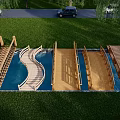 Wooden Landscape Bridges With Curved And Straight Designs Over Blue Water In Green Grass Park