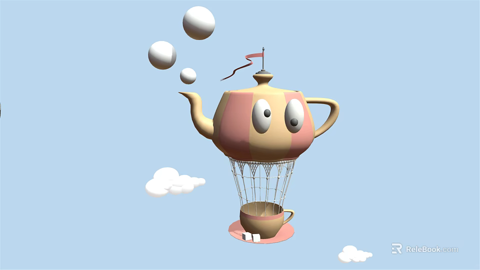 Whimsical Teapot Shaped Hot Air Balloon Play Equipment with Eyes Bubbles and Clouds 3d model 