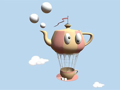 Whimsical Teapot Shaped Hot Air Balloon Play Equipment with Eyes Bubbles and Clouds 3d model