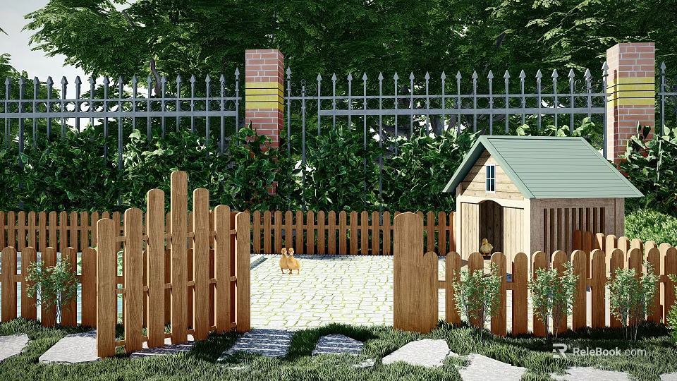 Charming Garden Ornaments With Wooden Fence Small Dog House Green Plants And Stone Path 3d model 