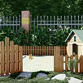 Charming Garden Ornaments With Wooden Fence Small Dog House Green Plants And Stone Path