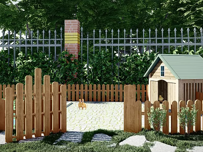 Charming Garden Ornaments With Wooden Fence Small Dog House Green Plants And Stone Path 3d model