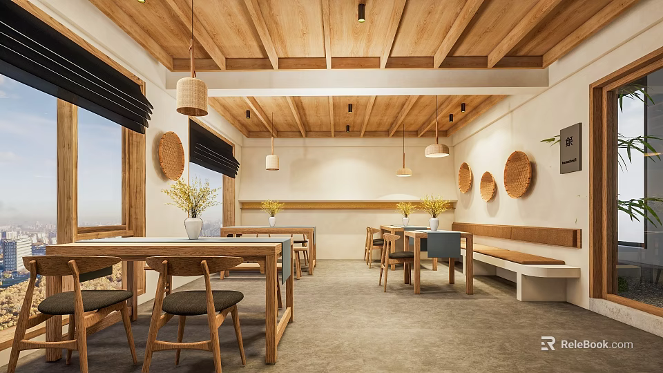 Rustic Restaurant Interior Featuring Wooden Ceiling Hanging Lights Circular Wall Decorations And Long Tables With Benches 3d model 