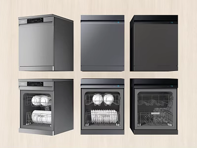 Modern Kitchen Dishwashers in Various Styles with Stainless Steel Black Finishes and Interior Views 3d model