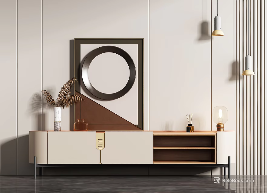 Modern TV Stand With Decorative Round Frame Palm Leaves Pendant Lights And Wooden Shelves 3d model 