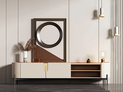 Modern TV Stand With Decorative Round Frame Palm Leaves Pendant Lights And Wooden Shelves 3d model