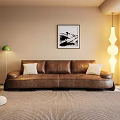 Brown Leather Double Sofa With Light Colored Cushions Floor Lamp And Wall Painting