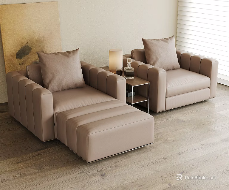 Beige Accent Chairs With Ottoman Side Table Lamp And Abstract Painting On Wooden Floor 3d model 