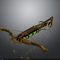 Golden Wooden Crossbow Weapon With Green Glowing Elements And Spiked Decorations