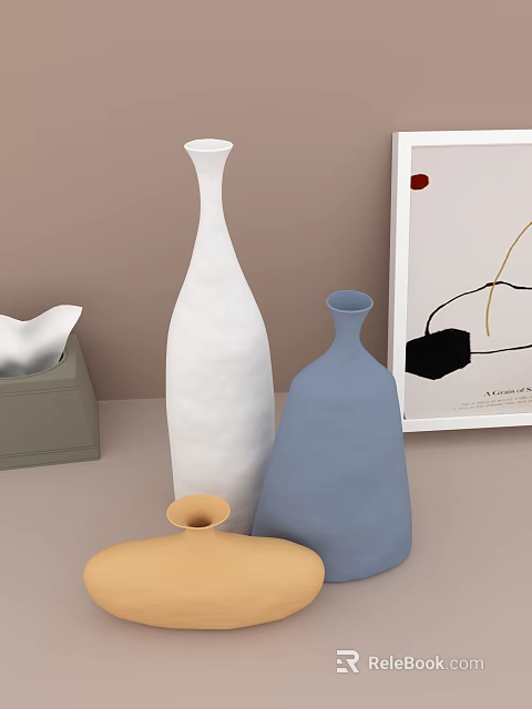 Tall And Short Ceramic Vessels In White Blue Yellow For Home Decor 3d model 