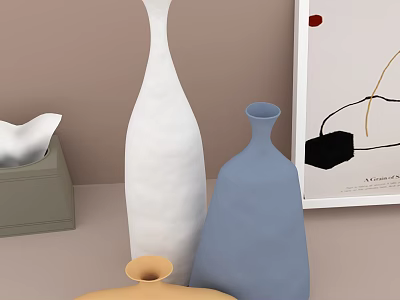 Tall And Short Ceramic Vessels In White Blue Yellow For Home Decor 3d model