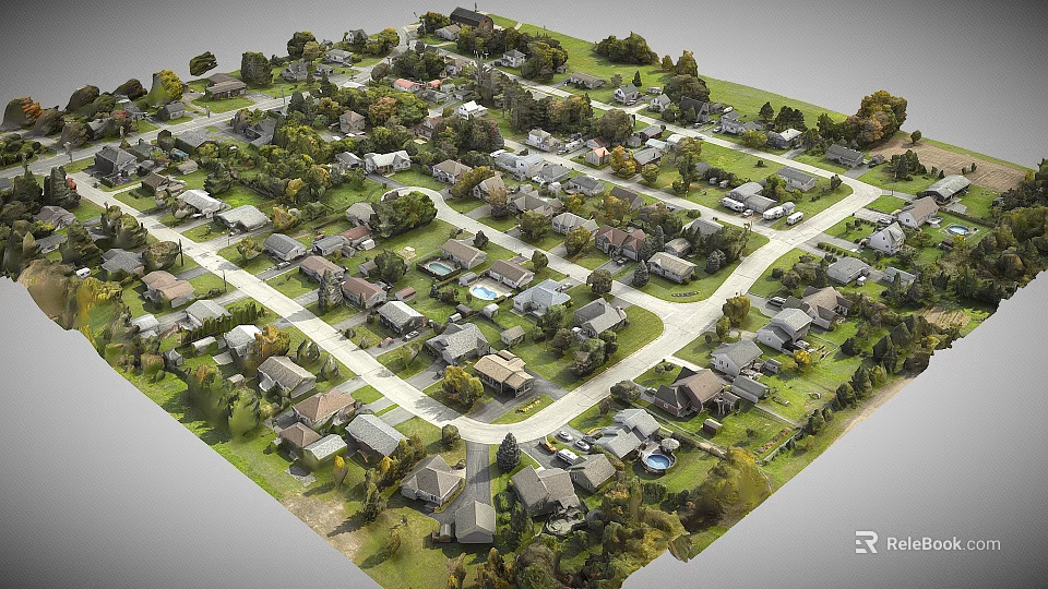 Aerial View of Residential Housing Estate With Tree Lined Roads Green Lawns and Layout 3d model 