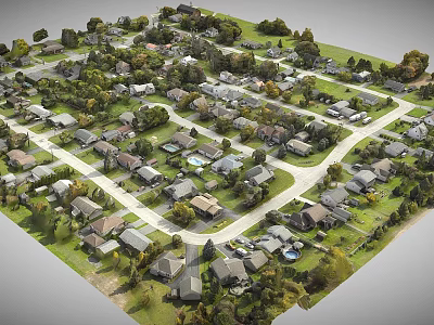 Aerial View of Residential Housing Estate With Tree Lined Roads Green Lawns and Layout 3d model