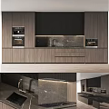 Modern Kitchen With Wooden Cabinets Black Stone Countertop Island Built-in Ovens And Sink