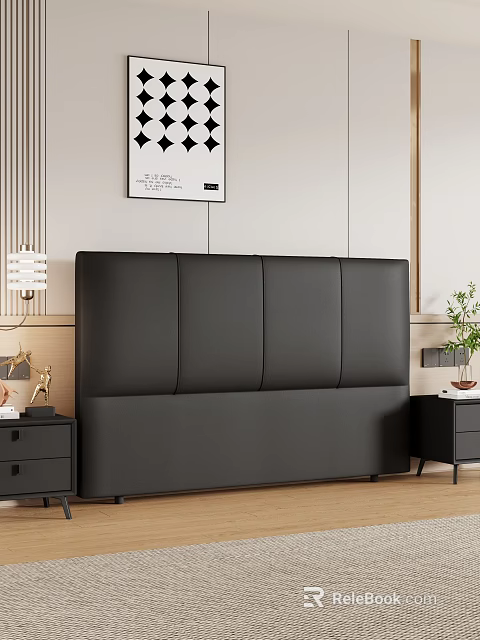 Double Bed With Black Leather Headboard Nightstand Table Lamp Decorative Painting And Green Plant 3d model 