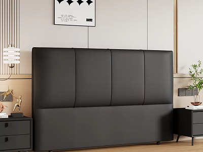 Double Bed With Black Leather Headboard Nightstand Table Lamp Decorative Painting And Green Plant 3d model