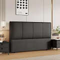 Double Bed With Black Leather Headboard Nightstand Table Lamp Decorative Painting And Green Plant