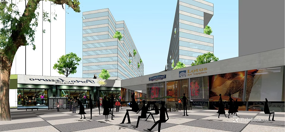 Vibrant Commercial Street With Modern Buildings Pedestrians Shops And Green Trees 3d model 
