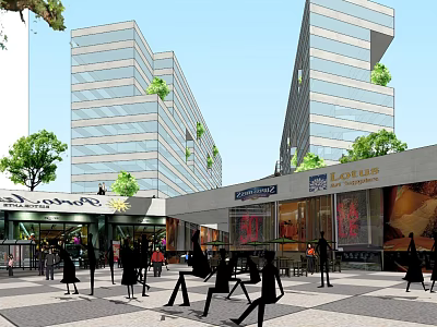 Vibrant Commercial Street With Modern Buildings Pedestrians Shops And Green Trees 3d model