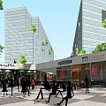 Vibrant Commercial Street With Modern Buildings Pedestrians Shops And Green Trees