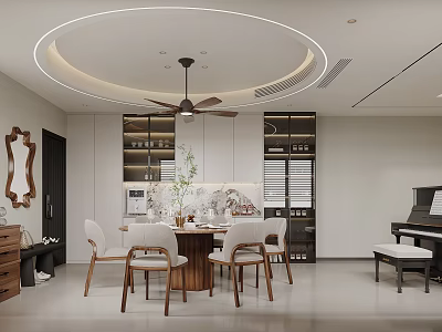Modern Restaurant Interior With Round Dining Table White Chairs Circular Ceiling Light And Wine Racks 3d model