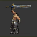 Shirtless Man in Silver Armor Pants Holding Ornate Sword with Raised Arm