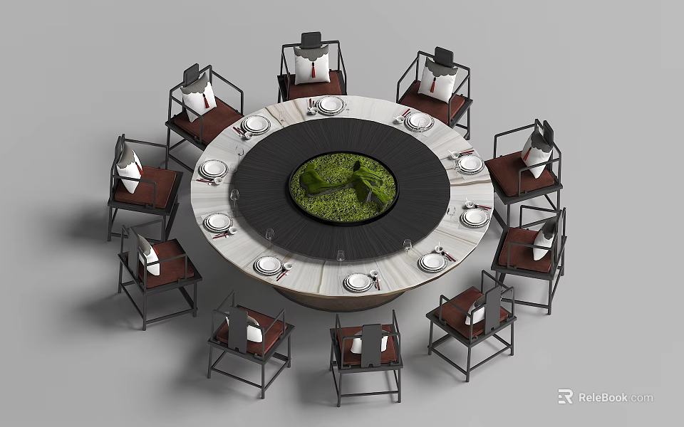 Modern Round Dining Table Set With Green Centerpiece And Surrounding Chairs 3d model