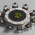 Modern Round Dining Table Set With Green Centerpiece And Surrounding Chairs 3d model