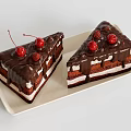 Two Slices of Layered Chocolate Cake with Chocolate Drizzle Cherries and Strawberries on White Plate
