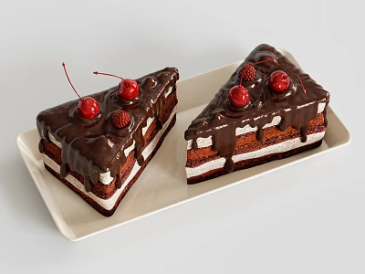 Two Slices of Layered Chocolate Cake with Chocolate Drizzle Cherries and Strawberries on White Plate 3d model