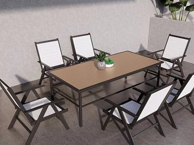 Outdoor Black Frame Dining Set With White Cushioned Chairs Brown Tabletop And Small Potted Plant 3d model