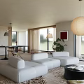 Modern Cozy Living And Dining Room With Panoramic Floor Windows And Comfortable Natural Style Furniture