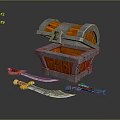 Sharp Bladed Weapons With Red Handles Lying Near Open Orange Silver Treasure Chest