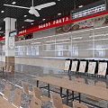 Spacious Cafeteria Interior With Long Tables Chairs And Red Decorative Banners 3d model