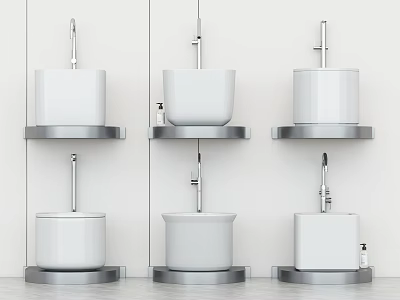 Modern Wall Mounted White Toilets With Metal Shelves In Gray Bathroom 3d model