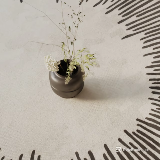 Potted Plant With White Small Flowers Green Leaves In Black Pot On Light Colored Carpet With Black Stripes 3d model 