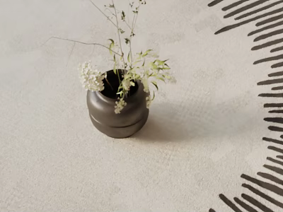Potted Plant With White Small Flowers Green Leaves In Black Pot On Light Colored Carpet With Black Stripes 3d model