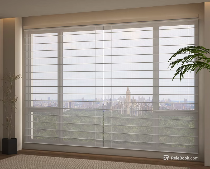 Modern Living Room Large Window Blinds With City View And Indoor Plant 3d model 
