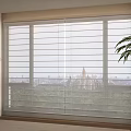 Modern Living Room Large Window Blinds With City View And Indoor Plant