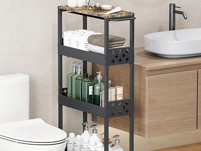 Bathroom Accessories Black Multi Tier Storage Rack With Towels Toiletries And Toilet 3d model