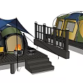 Outdoor Camping Tent Setup On Wooden Deck With Campfire and Cooking Gear
